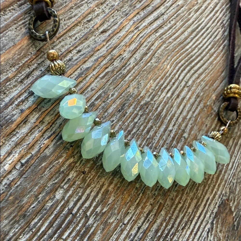 Bohemian Green Beaded Necklace with Brown Suede Cord - Picture 6 of 7